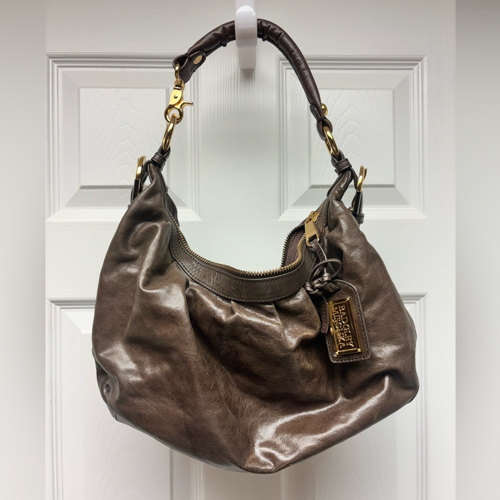LIKE-NEW Badgley Mischka Dark Brown Leather Hobo with Gold-Tone Accents